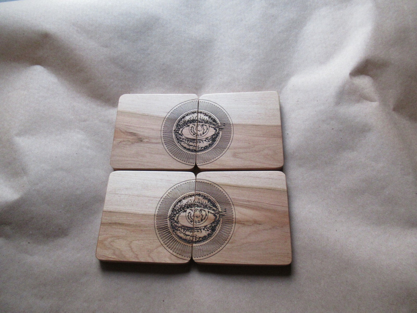 Handmade Ambrosia Maple Coaster Set With Eyes Engraving 4 pc set .