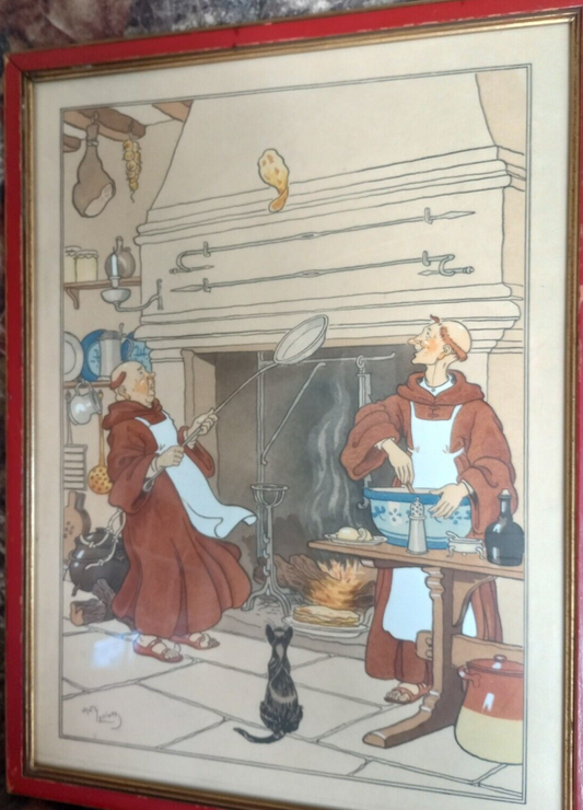 1910 HARRY ELIOTT WATERCOLOR POCHOIR PRINTS Monk Framed vintage