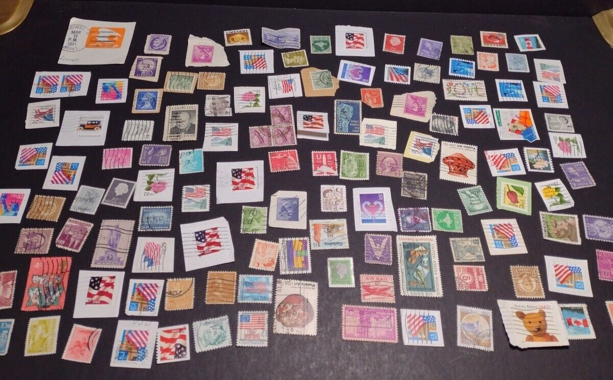 Vintage International Stamp Lot (E1) -Mixed On/Off Paper (US, Italy, Zimbabwe +)