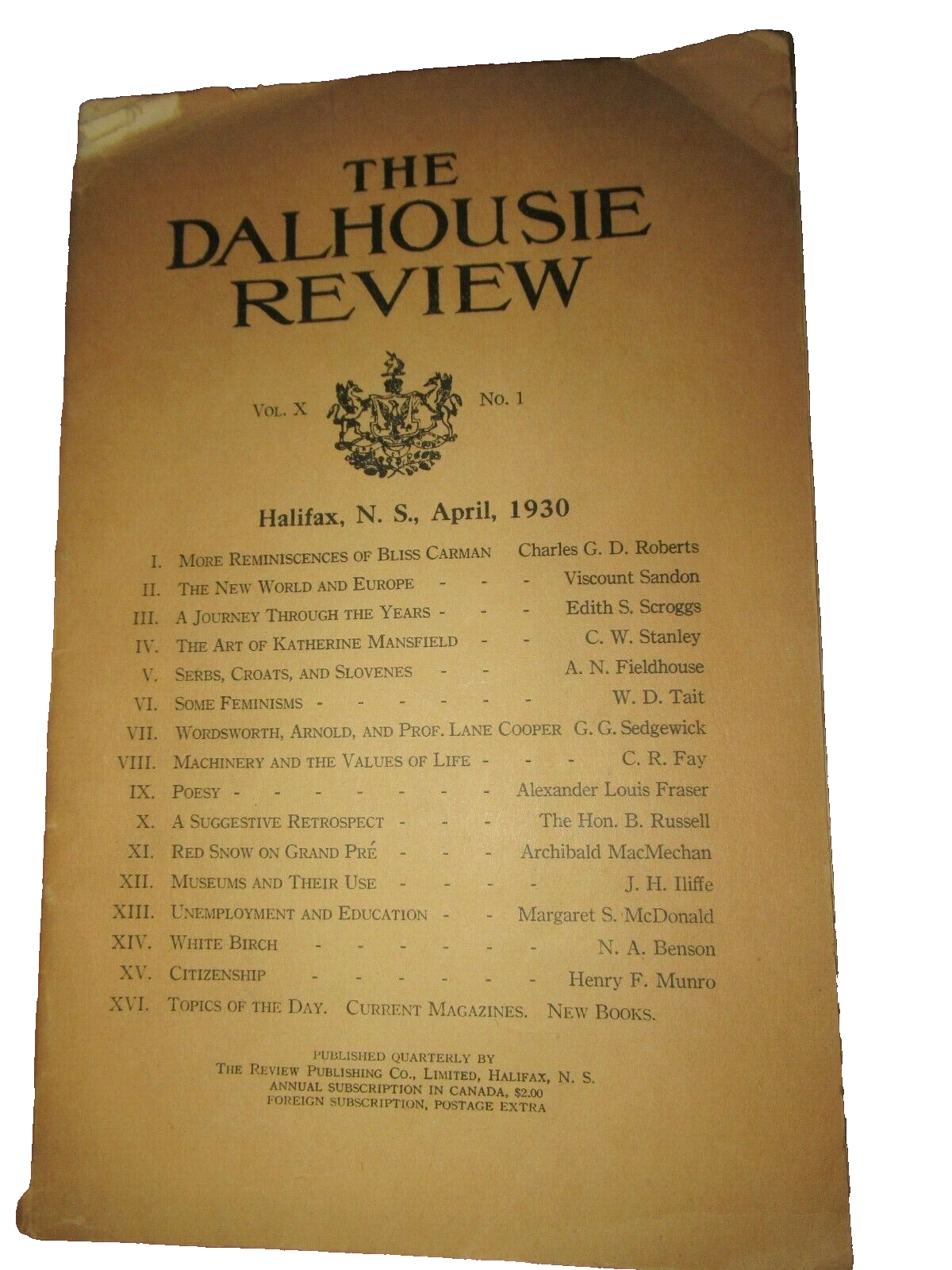 The Dalhousie Review, Vol. X, No. 1 (1930) Halifax Nova Scotia.
