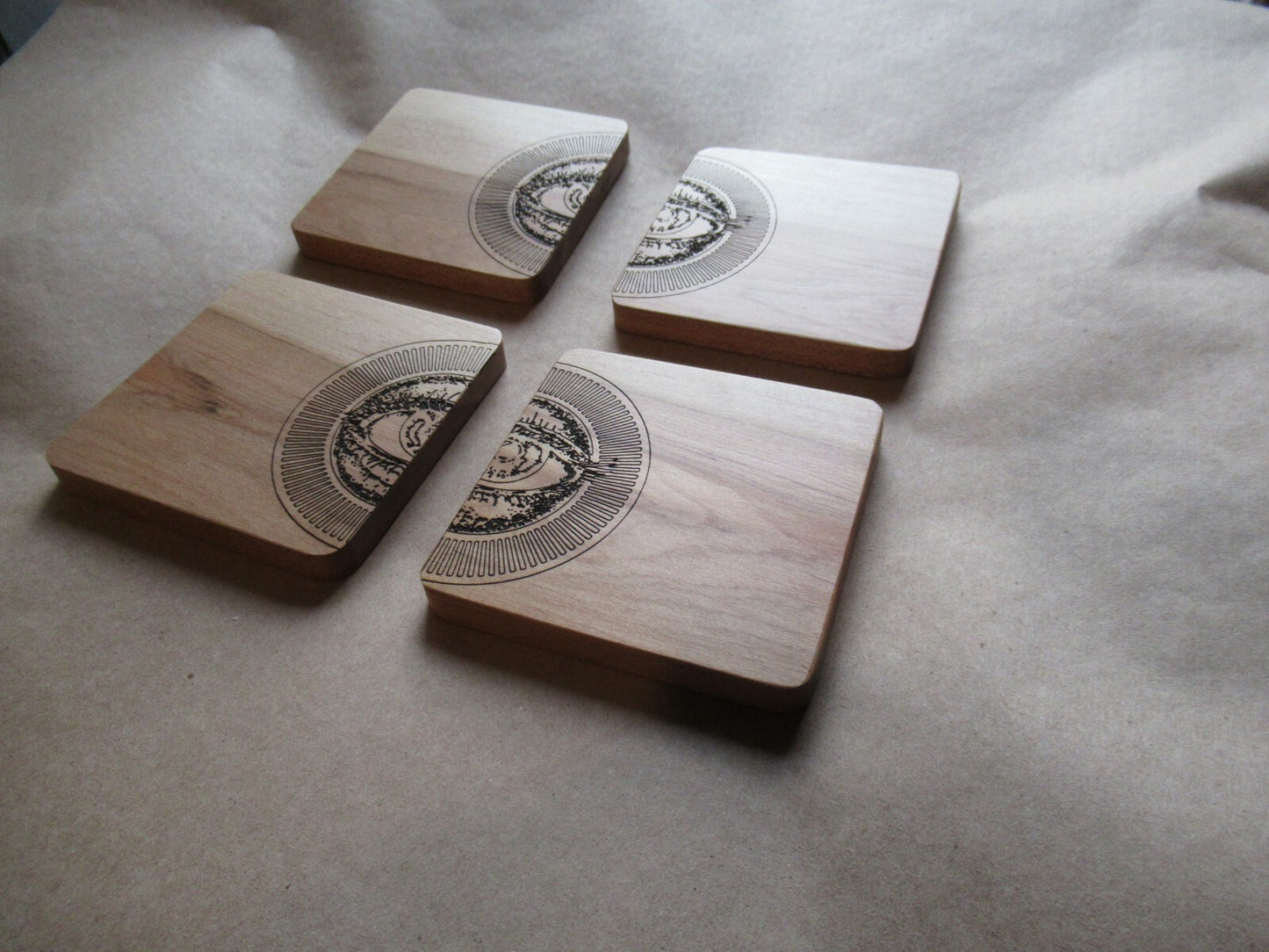 Handmade Ambrosia Maple Coaster Set With Eyes Engraving 4 pc set .