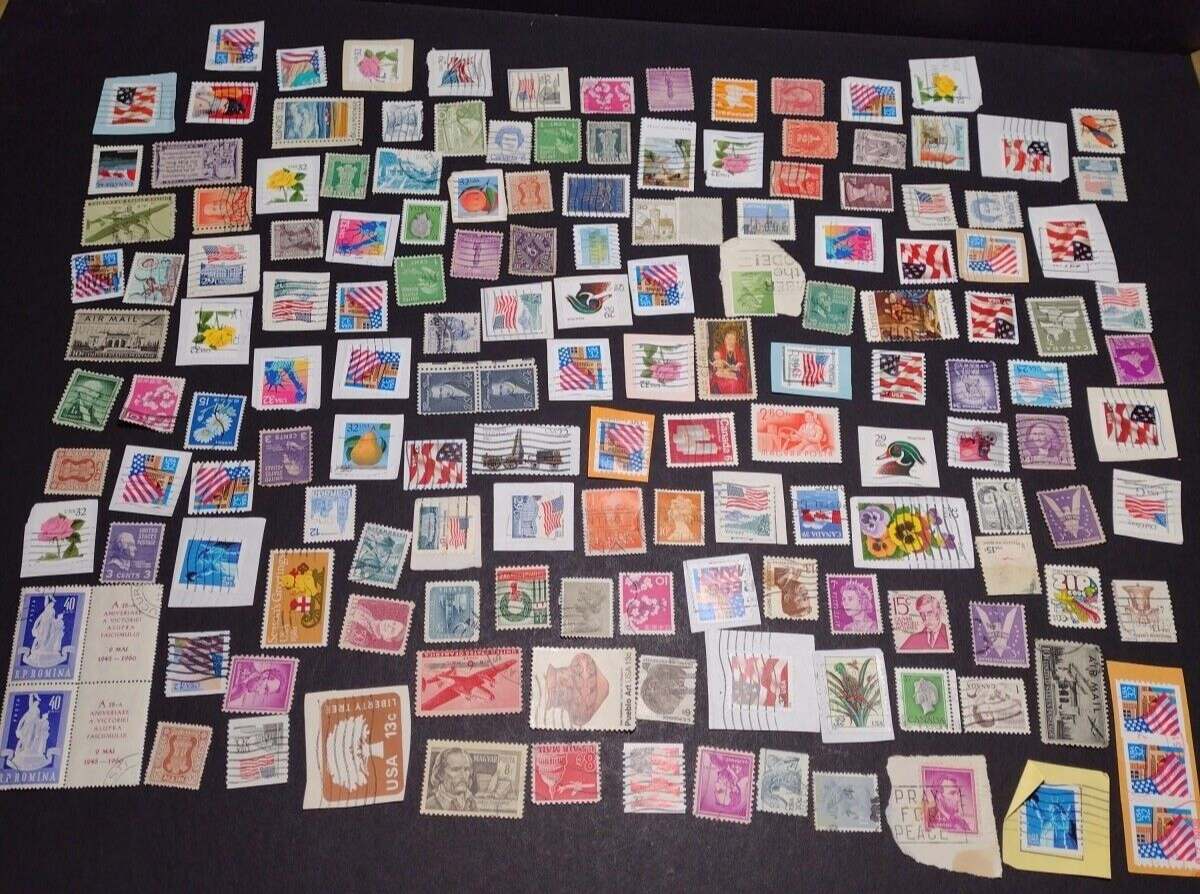 Vintage International Stamp Lot (G1) -Mixed On/Off Paper (US, Spain, Canada, +)