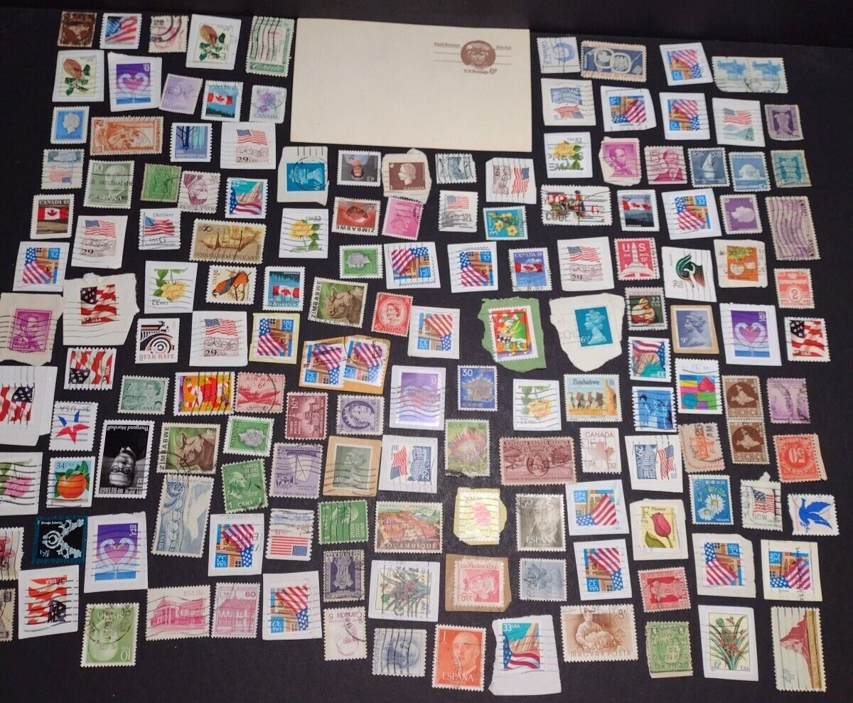 Vintage International Stamp Lot (I1) -Mixed On/Off Paper (US, Spain, Zimbabwe +)