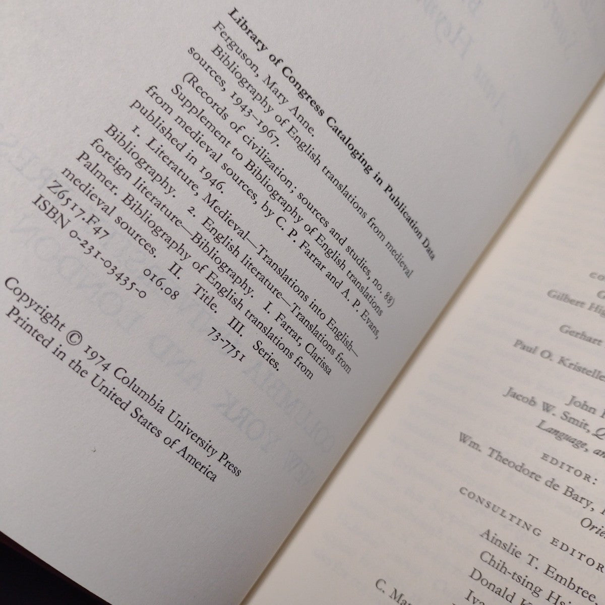 Bibliography of English Translations From Medieval Source, 1943-1967 -1974 HC