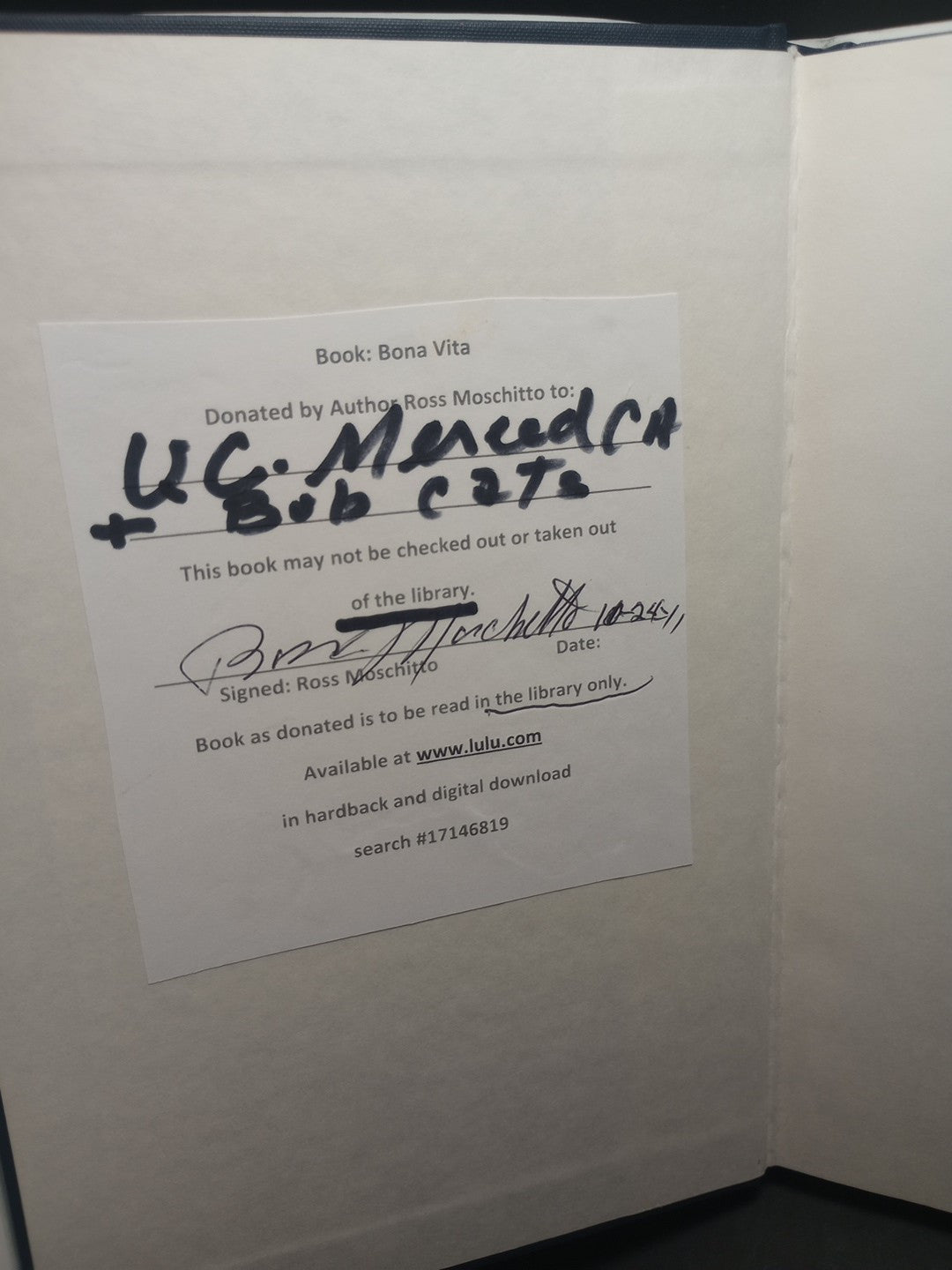 Bona Vita by Ross Moschitto 2008 signed HCwDJ Merced Ca Central Valley Memoirs
